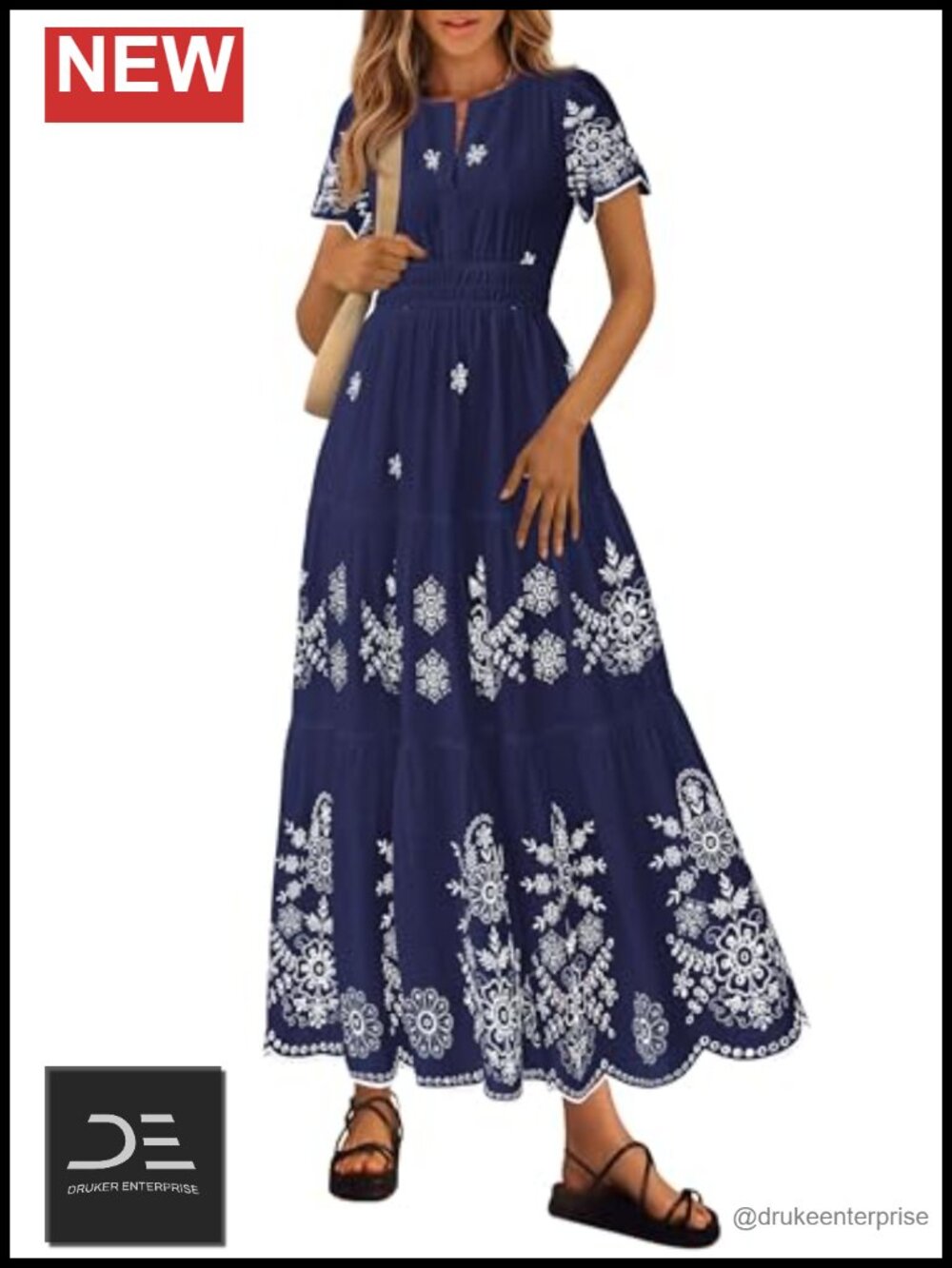 Womens Cotton Floral Maxi Dress Boho V Neck Short Sleeve Tiered Beach